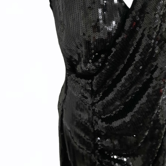 Black Dress Sequins V Neck Large Stretch LBD Tassels Body Hugging - Picture 6 of 13